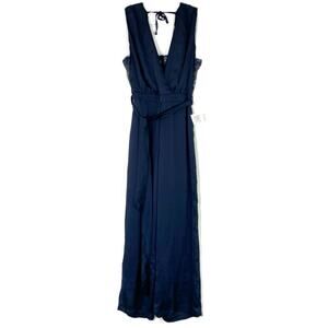 One One Six | Navy Blue Satin Jumpsuit Lace Detail Polyester Women's Small